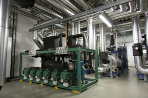  Die CO2-Anlage (to = -35 °C) arbeitet ausschließlich im subkritischen Bereich und besteht aus einem Verbund von sechs Kompressoren, die jeweils eine Kälteleistung von 65 kW haben.  