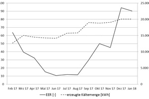  Jahresverlauf der erzeugten Kältemenge und des EER (Projekt Calw) 
