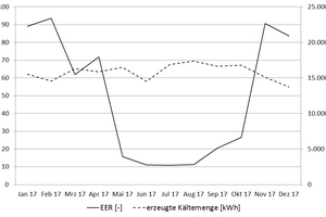  Jahresverlauf der erzeugten Kältemenge und des EER (Projekt DMK) 