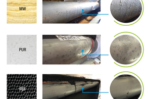  Abbildung 3: Die Oberflächen der Rohrleitungen nach Demontage der verschiedenen Dämmungen  