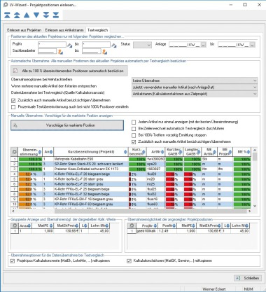 Der "LV-Wizard" der kaufmännischen Branchensoftware "Streit V.1" greift auf in der Vergangenheit kalkulierte Projekte zurück und vergleicht sie mit der vorliegenden Ausschreibung. 