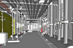  (5)	Die Installationen der modernen Gebäudetechnik in einem der technischen Räume des Hilton Schiphol Hotels im BIM-Modell  