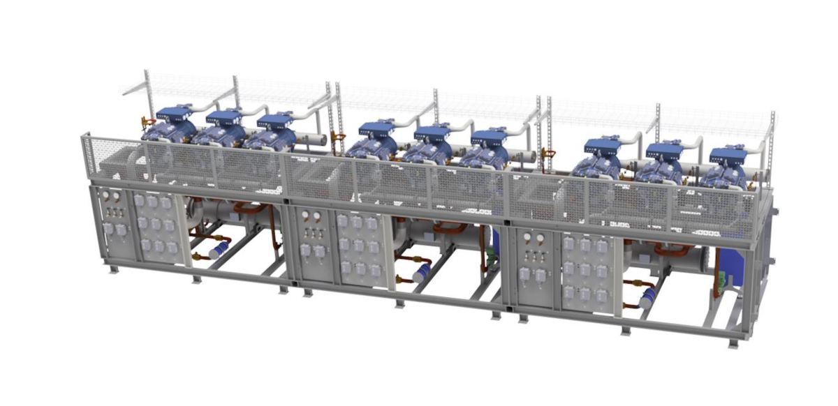 Gesamtansicht der Kälteanlage mit 2,35 MW Kälteleistung, die L&R für einen Pharmahersteller projektiert und gebaut hat.