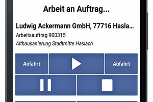  Mit der Zeiterfassungs-App auf dem Smartphone des Mitarbeiters können Stempelungen auf Aufträge und Projekte durchgeführt werden. Zum jeweiligen Projekt erstellte Fotos werden zusammen mit den Arbeitszeitdaten direkt an das Hauptsystem im Büro übertragen  