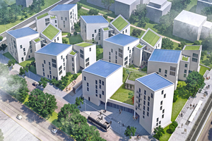  Das neue Smart City-Quartier "Future Living® Berlin" kombiniert nachhaltiges und digital-vernetztes Leben. Im Mittelpunkt des regenerativen Energiekonzeptes stehen Luft-Wasser-Wärmepumpen und Photovoltaik-Module von Panasonic.  