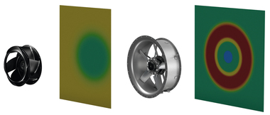 Radialventilatoren (linkes Bild) sorgen f?r eine gleichm??igere Beaufschlagung, nachgeschalteter Einbauten (Filter, W?rmeaustauscher) als Axialventilatoren (rechtes Bild). Die Farbe stellt hier die Axialgeschwindigkeit dar.