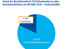  Mit mehr als 2.700 neuen Fällen im Jahr 2020 entfielen rund 18 Prozent aller Berufskrankheitsmeldungen auf weißen Hautkrebs. 