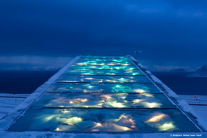  Kunstwerk über dem Eingang des Svalbard Global Seed Vault: Gemäß norwegischem Baugesetz, soll jeder Neubau ein Kunstwerk erhalten. Bei dem Werk der norwegischen Künstlerin Dyveke Sanne handelt es sich um eine abstrakte Darstellung der Vielfalt des Lebens, symbolisiert durch reflektierende Dreiecke in verschiedenen Größen. 