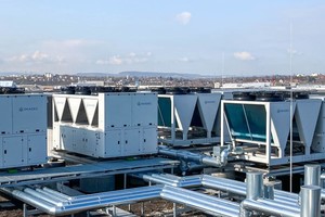  Blick auf das Dach des Verwaltungsgebäudes mit zwei R290 Wärmepumpen und zwei R290 Kaltwassersätzen 