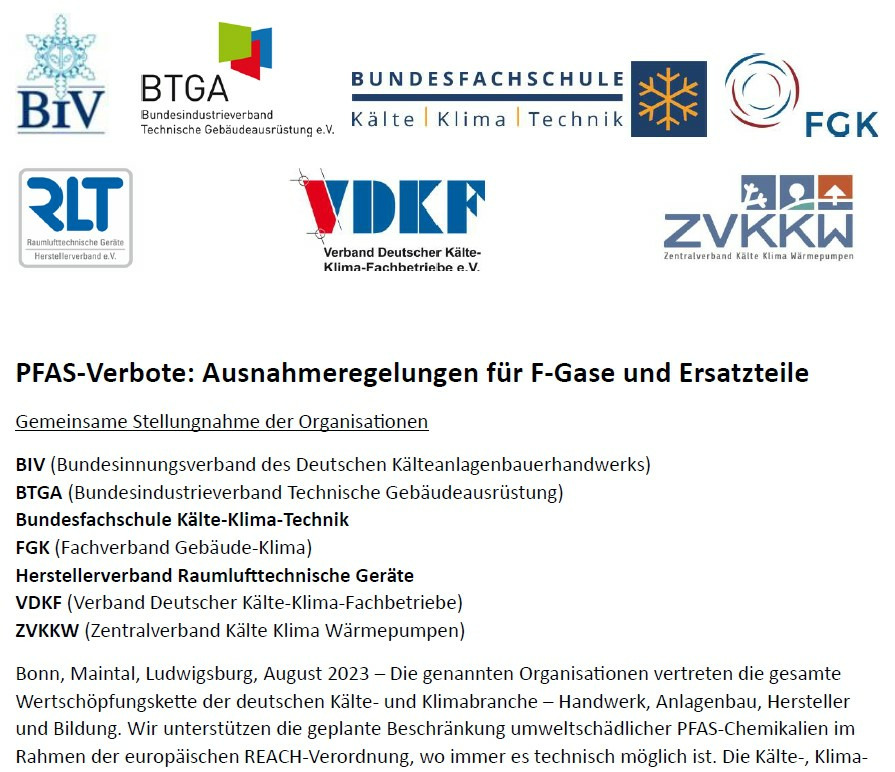 Gemeinsames Statement zum geplanten PFASVerbot in der EU KKA Kälte