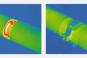  Die thermografische Aufnahme zeigt links deutlich die Wärmeverluste an einer ungedämmten Aufhängung. Die DIN 4140 schreibt daher den Einsatz wärmebrückenfreier Kälterohrträger (rechts im Bild) verbindlich vor. 