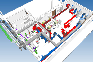  Das BIM-Modell (Building Information Modeling) zeigt die Anlagentechnik/Digitale Planung des Abwärme-Konzepts. 