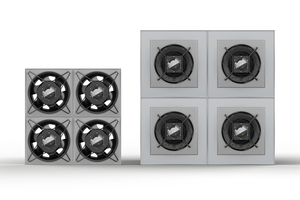  Bild 4a: Durch sein besonderes Design ist der „RadiFlow“ äußerst kompakt, so dass zum Beispiel 2 x 2 FanGrids bis zu 40 % kleiner dimensioniert werden können. 