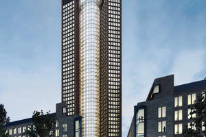  Der 200 m hohe Doppelturm des Tower 185 in Frankfurt am Main bietet insgesamt 100000 m² Bürofläche, wobei die Raumhöhe mit durchgehend 3 m sehr komfortabel ist. Erreicht wurde die Gold-Zertifizierung des internationalen Gütesiegels LEED (Leadership in Ene 