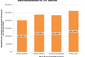  Betriebskosten verschiedener Kälteanlagen in einem durchschnittlichen Discounter in 14 Jahren basierend auf einem durchschnittlichen Strompreis von 18 Cent/kWh. 