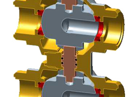  Das Ventil R274 besteht aus einer Spindel zum Öffnen und Schließen (braun), einem durch die Spindel betätigten Absperrelement (grau) mit reibungsarmen Dichtungen aus PTFE (rot) und einem Körper aus Pressmessing CW617N mit flachdichtender Überwurfanschluss 