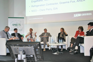  EPEE-Jahrestreffen 2012: In der zweiten Session unterhielten sich (v.l.n.r.): Ray Gluckman (SKM Enviros), Graeme Fox (AREA), Andrea Voigt (EPEE), Rolf Engelhardt (Bundesumweltministerium), Clare Perry (EIA), Jean Clarke (Umweltministerium, Irland) und Did 