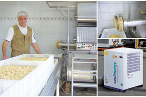 Dinkelnudelhersteller Moser kühlt mit einem Kaltwassersatz den Presskopf seiner Produktionsmaschine. Das erhöht die Leistung und verbessert die Nudelform.  