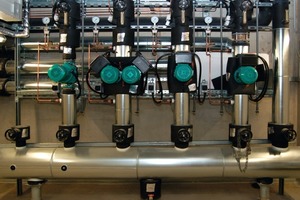  In der Klimakaltwasserverteilung wurden eine „Wilo-CronoLine-IL“-Niederdruck-Kreiselpumpe sowie elektronisch geregelte Trockenläuferpumpen der Baureihe „Wilo-VeroLine-IP-E“ und eine „Wilo-VeroTwin-DP-E“-Doppelpumpe eingebaut 