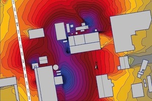  Bild 8: Berechnete Schalldruckpegel­verteilung für ein 190 m x 160 m großes Industrieareal mit rund 100 Schallquellen 